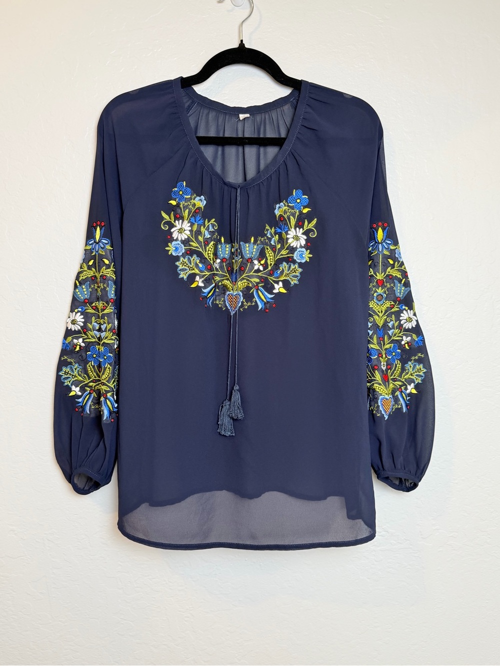 Boho Sheer Navy Floral Embroidered Peasant Blouse Size L